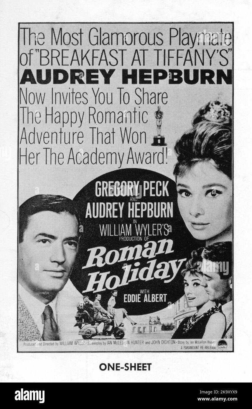 Image de l'affiche pour 1962 réédition de GREGORY PECK AUDREY HEPBURN et EDDIE ALBERT en VACANCES ROMAINES 1953 réalisateur / producteur WILLIAM WYLER Story Dalton Trumbo et Ian McLellan Hunter scénario Dalton Trumbo Ian McLellan Hunter et John Dighton Paramount Pictures Banque D'Images