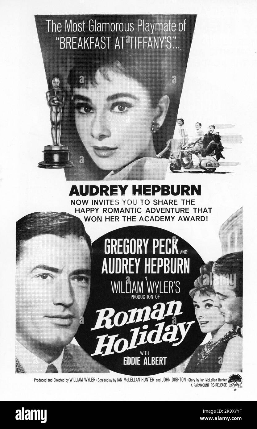 Annonce Block pour 1962 réédition de GREGORY PECK AUDREY HEPBURN et EDDIE ALBERT à ROMAN HOLIDAY 1953 réalisateur / producteur WILLIAM WYLER Story Dalton Trumbo et Ian McLellan Hunter scénario Dalton Trumbo Ian McLellan Hunter et John Dighton Paramount Pictures Banque D'Images