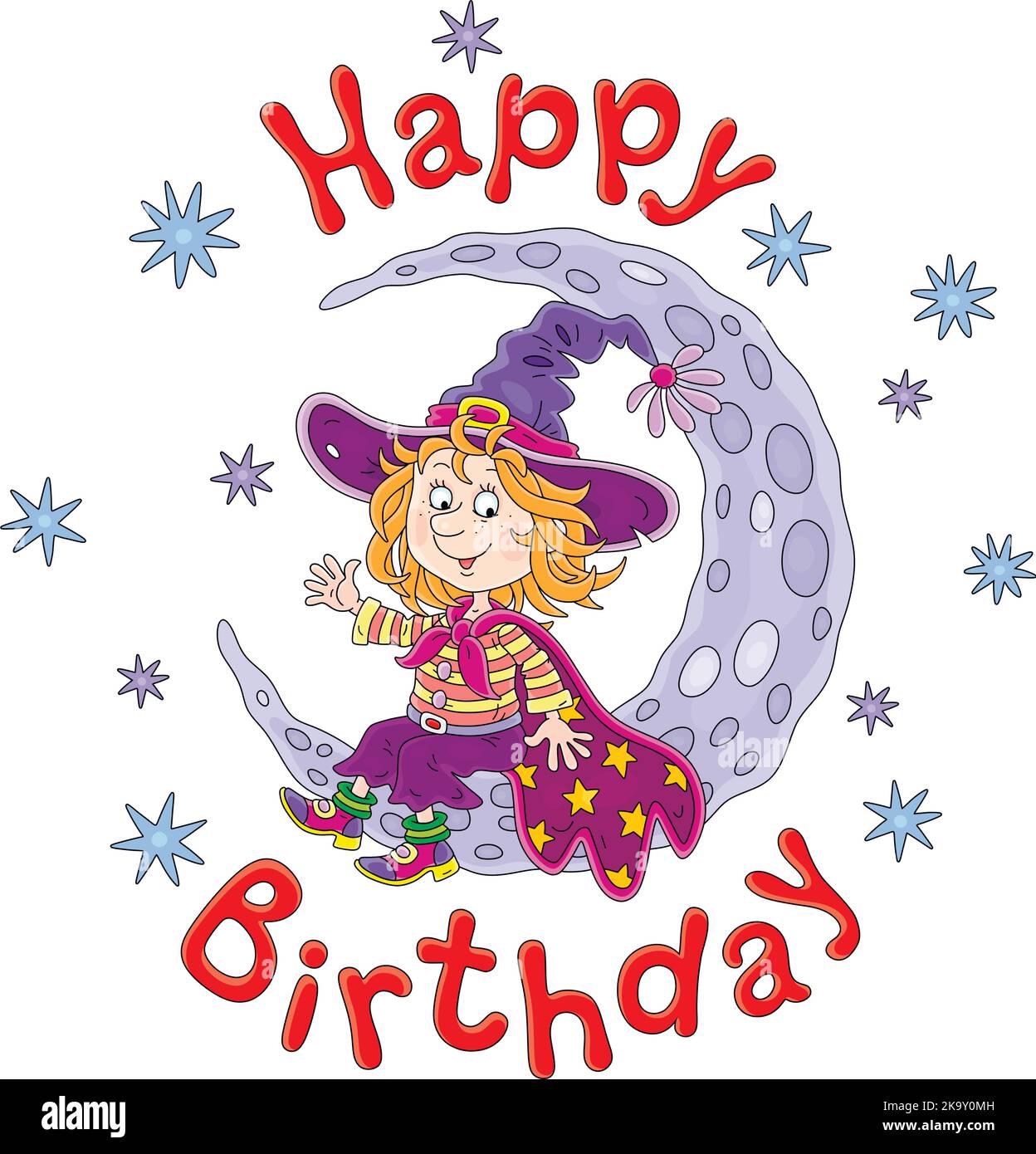 Carte d'anniversaire avec une petite sorcière drôle assise sur un croissant de lune et agitant en saluant lors d'une mystérieuse nuit étoilée Illustration de Vecteur