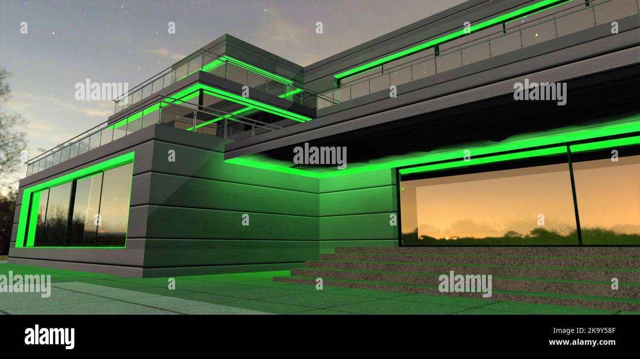 éclairage Extérieur Vert Led Pour Une Maison Minimaliste Nouvellement  Construite. Finition D'une Façade D'un Panneau En Aluminium Illustration  Stock - Illustration du créateurs, maison: 255554195