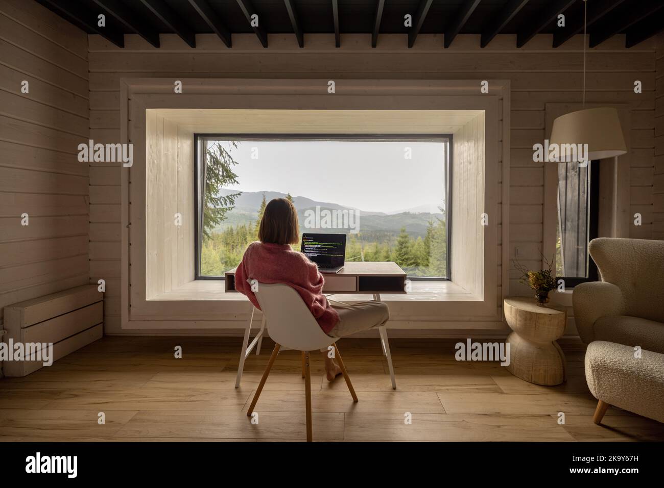 Femme travaille sur ordinateur portable à distance dans la maison sur la nature Banque D'Images