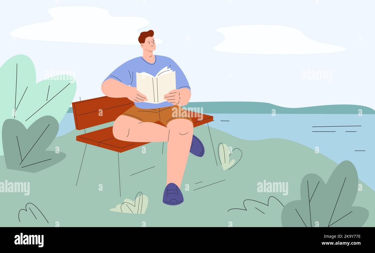 Homme lisant sur la rive du lac. Les jeunes hommes se reposent sur la nature, dans un parc ou un village. Personnage de dessin animé plat avec livre sur banc, détente en plein air et vacances Illustration de Vecteur
