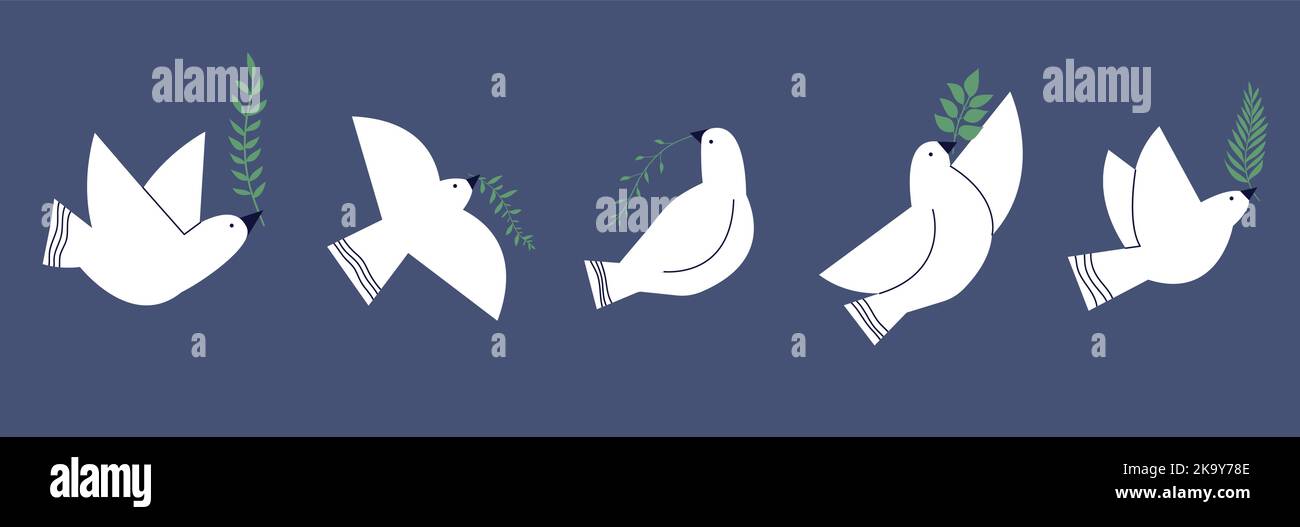 Colombes blanches avec branches vertes. Symbole de la colombe de la paix. Oiseaux volants tenant une branche florale. Motif abstrait tendance oiseau plat, personnages de pigeon vectoriels Illustration de Vecteur