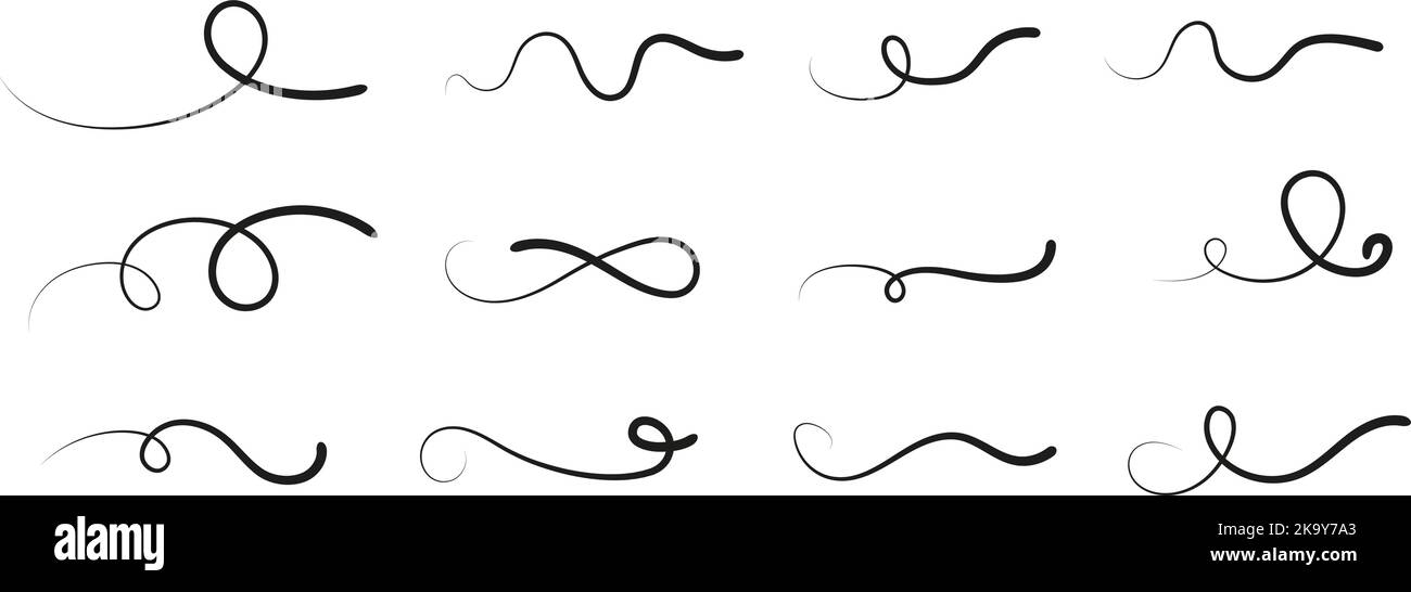 Schooshes incurvés, lettrage ou éléments noirs typographiques. Swoosh rétro décoratif, queues de calligraphie. Jeu de vecteurs de traits de recouvrement simples Illustration de Vecteur