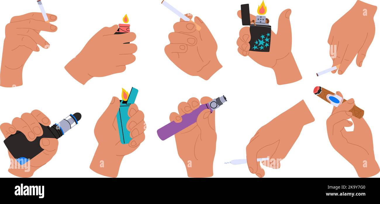 Les mains des hommes tiennent les cigarettes et les briquets, les vapores. E-cigarettes, allume-cigare avec flamme dans la main humaine. Cigare, fumer les gens décent ensemble de vecteur Illustration de Vecteur