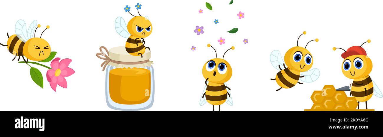 Différentes émotions mignons abeilles. Abeille de travail et de vol, insecte avec fleur et pot de miel. Mécontent et surpris, personnages de vecteur de dessin animé heureux Illustration de Vecteur