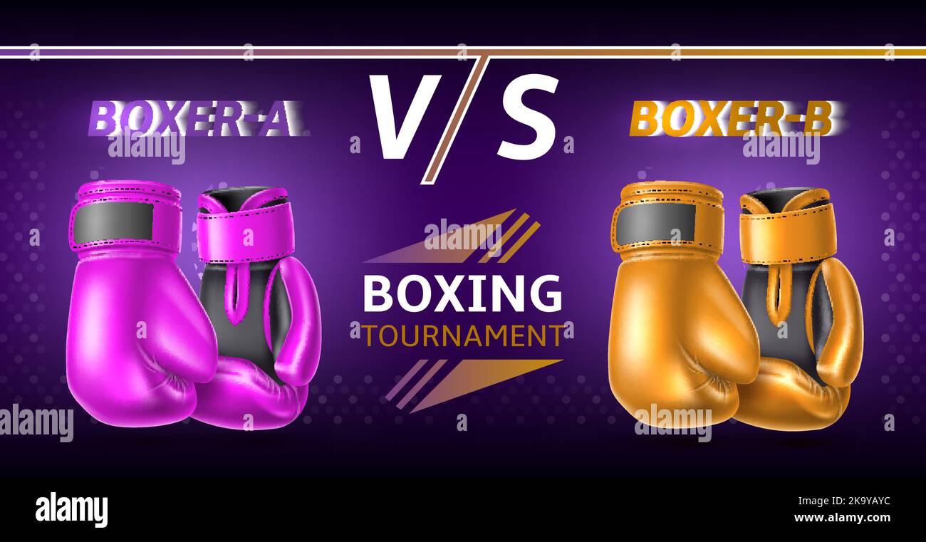 Affiche sur les gants de boxe. Accessoires de sport de combat réalistes, vs  bannière, couleurs différentes adversaires, champion titre combat,  promotion sur invitation Image Vectorielle Stock - Alamy