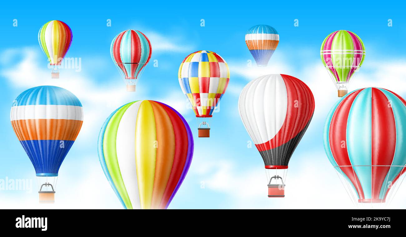 Ballons d'air chaud dans le ciel. Affiche panoramique ciel bleu, transport aérien réaliste avec paniers, différents motifs colorés textile, nuages blancs Illustration de Vecteur