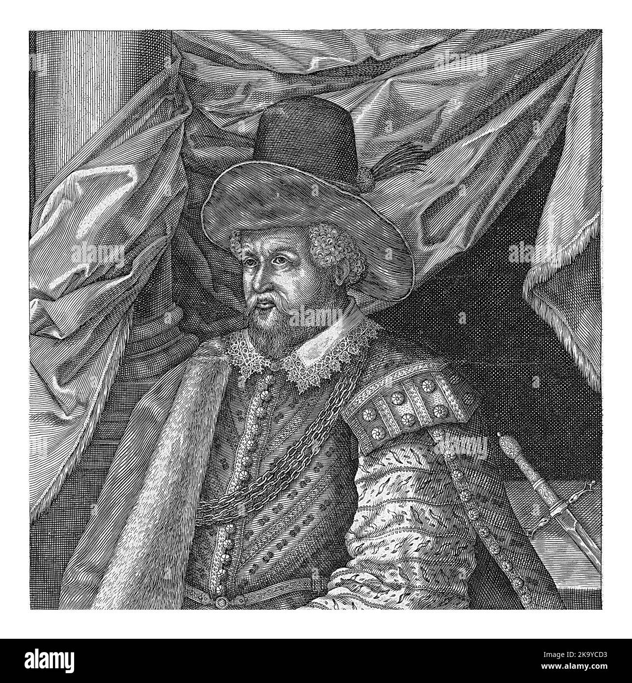 Portrait d'Augustus II Duc de Saxe en demi-figure avec chapeau et barbe. En haut de la marge la devise Initivm sapientiae timor Domini. Banque D'Images