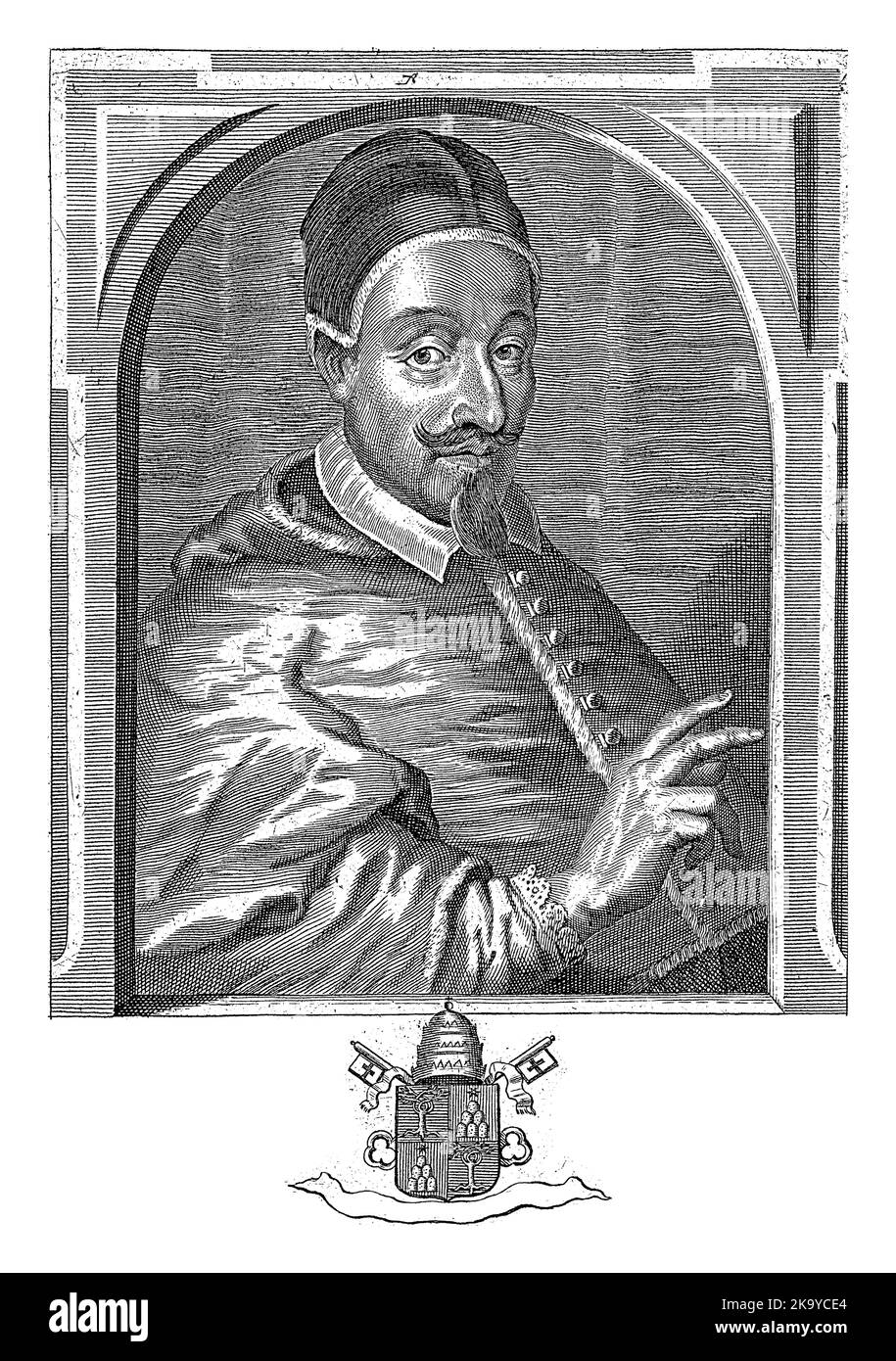 Portrait du Pape Alexandre VII, pris en compte dans un camauro, nommé Pape sur 7 avril 1655. Son blason papal au centre inférieur de la marge. Banque D'Images