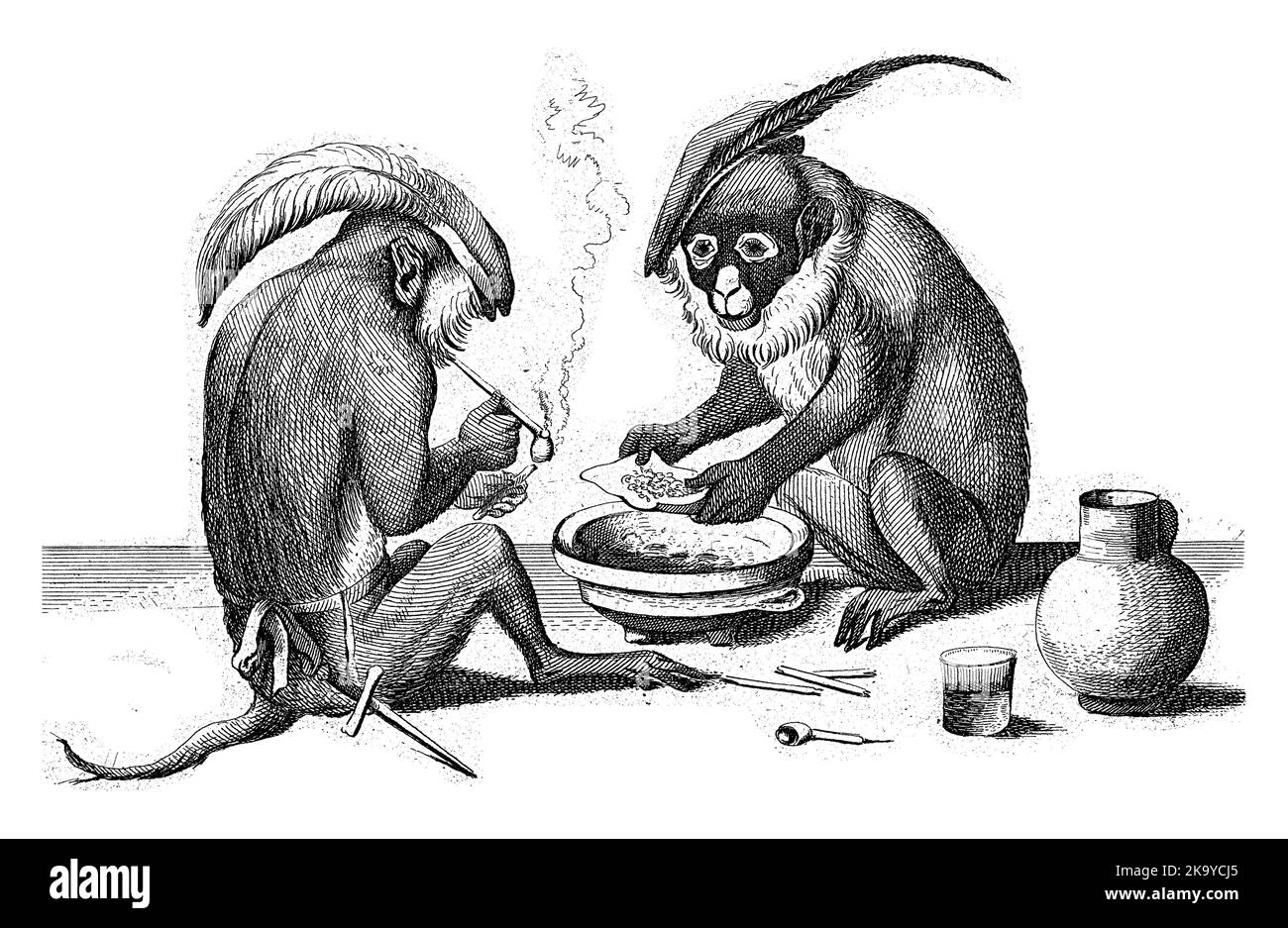 Deux singes sont assis sur le sol, l'un souffle sa pipe. L'autre singe sèche le tabac sur un brazier. Banque D'Images
