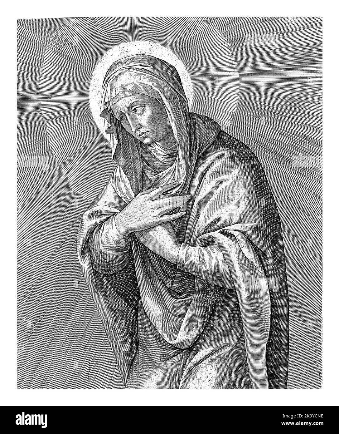 La plaignante Marie, avec ses bras croisés devant sa poitrine. Dans la marge une citation de la Bible de Luc. 1 en latin. Banque D'Images