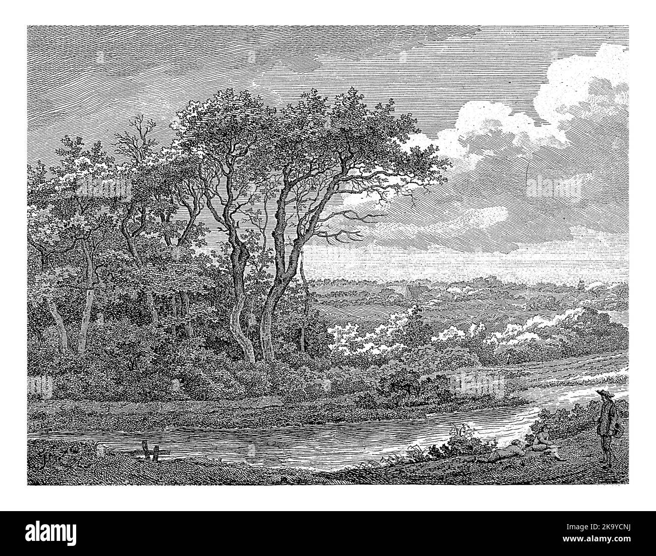 Paysage avec rivière. Trois chiffres au premier plan à droite. Banque D'Images