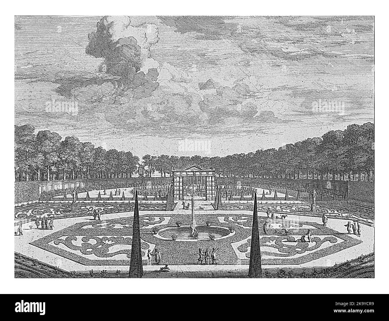 Jardins formels au château de Heemstede / Grand étang au château de Heemstede / Cave vue de la galerie / Cave dans le jardin du château de Heemstede, Isaac de Mo Banque D'Images
