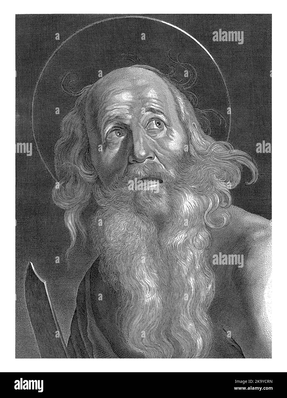 Saint Bartholomée, à bouche ouverte. Dans sa main une épée, qui est partiellement visible. Banque D'Images