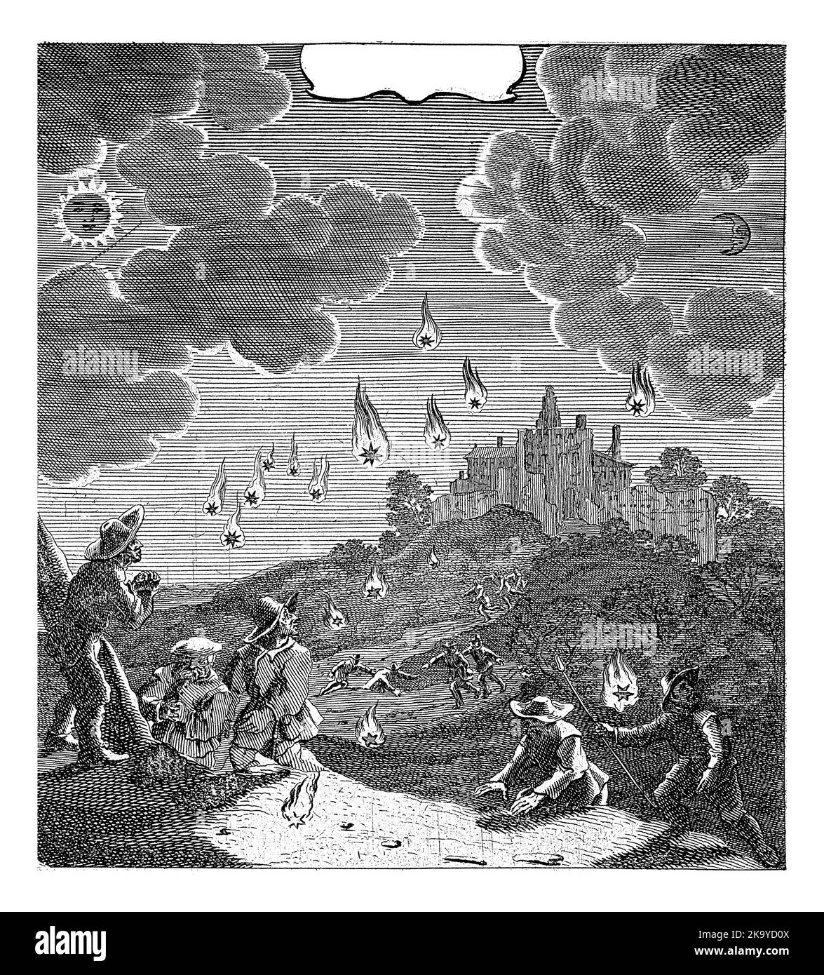 Paysage vallonné avec des hommes qui prient et paniquer pendant une éclipse solaire et lunaire. Les étoiles tombent du ciel. En arrière-plan les ruines d'une ville. Banque D'Images