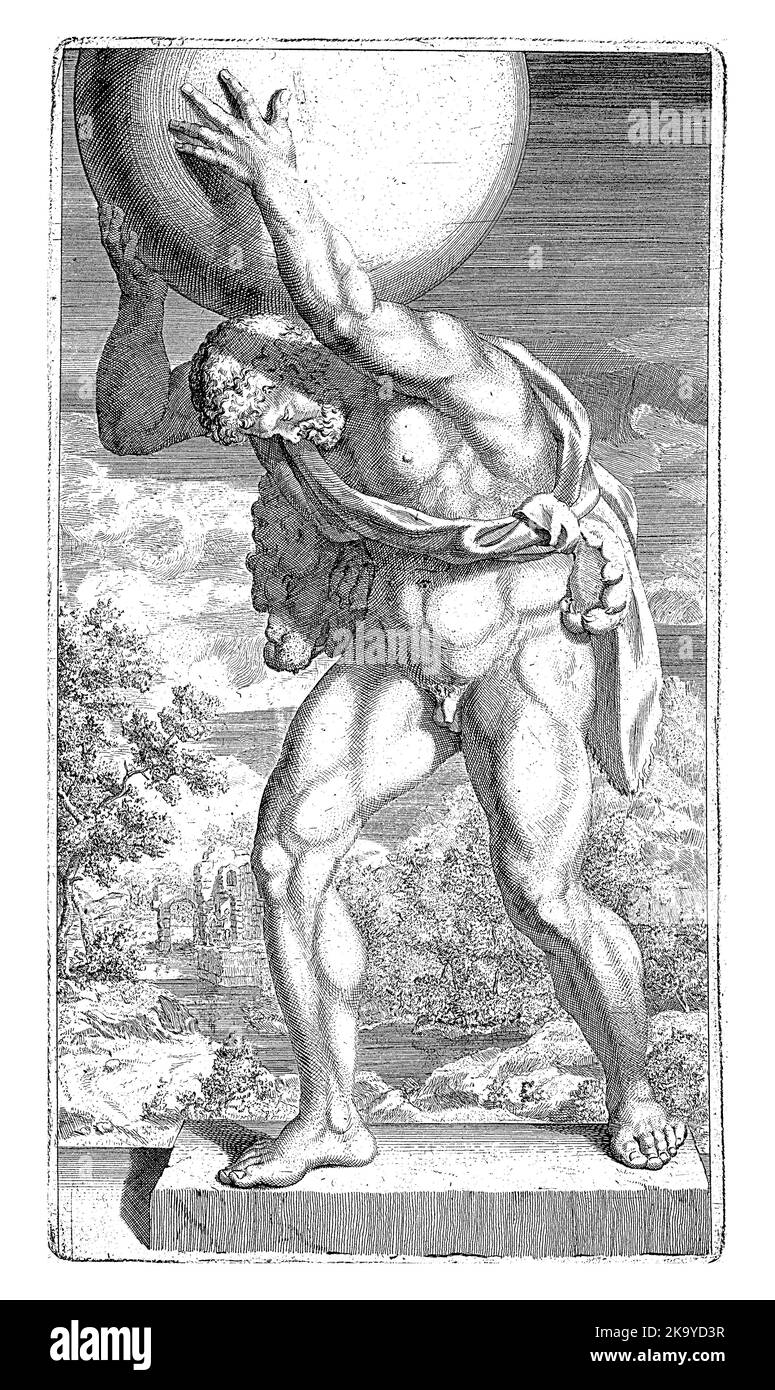 Statue d'Hercule avec la voûte céleste, Hendrik Pola, c. 1705 - c. 1713 Paysage avec la statue d'Hercules qui prend temporairement le fardeau d'AT Banque D'Images