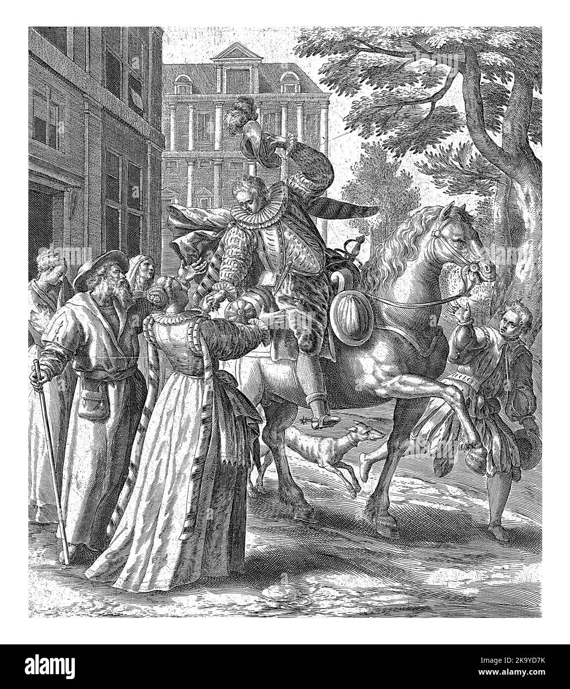 Le plus jeune fils dit Au revoir à sa famille et quitte la maison parentale. Dans la marge une légende en latin. Banque D'Images