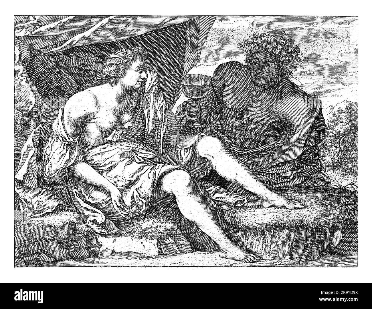 Une Ariadne en deuil, abandonnée par Theseus sur l'île de Naxos, sous une verrière, est réconfortée par Bacchus qui lui offre un verre de vin. Banque D'Images