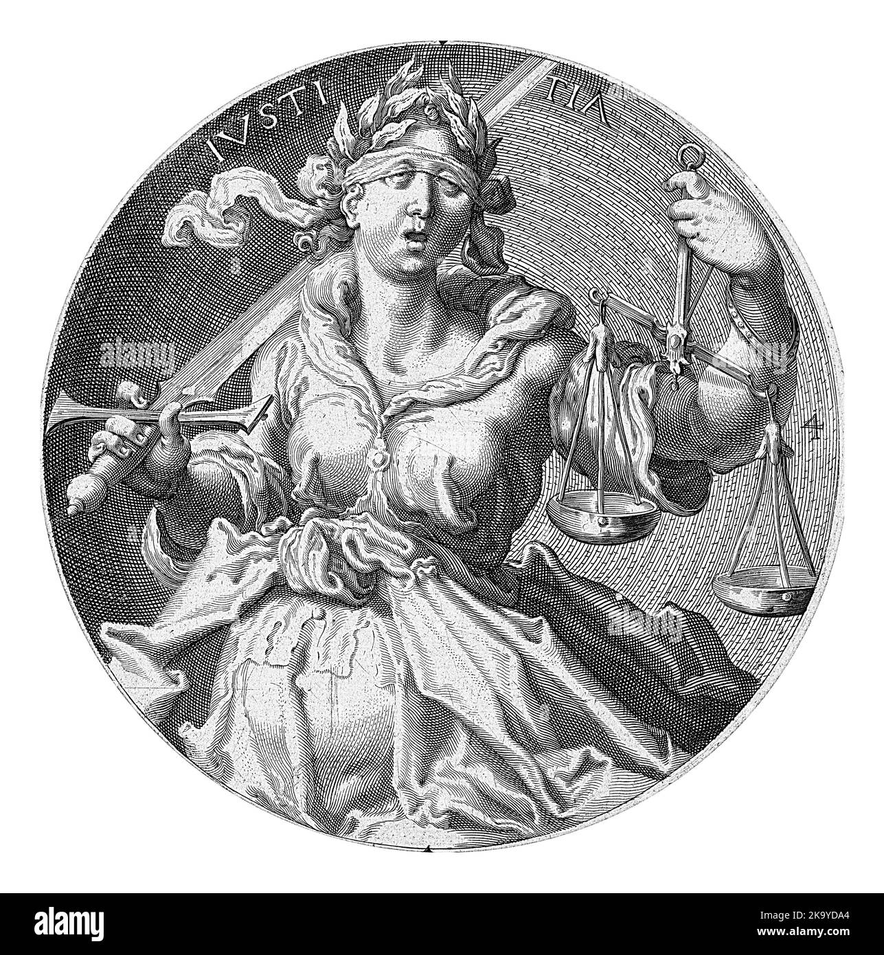 Justice, sous le couvert d'une femme aveuglée avec des écailles dans la main gauche et une épée dans la main droite. En haut de la performance, le mot 'IVSTI Banque D'Images