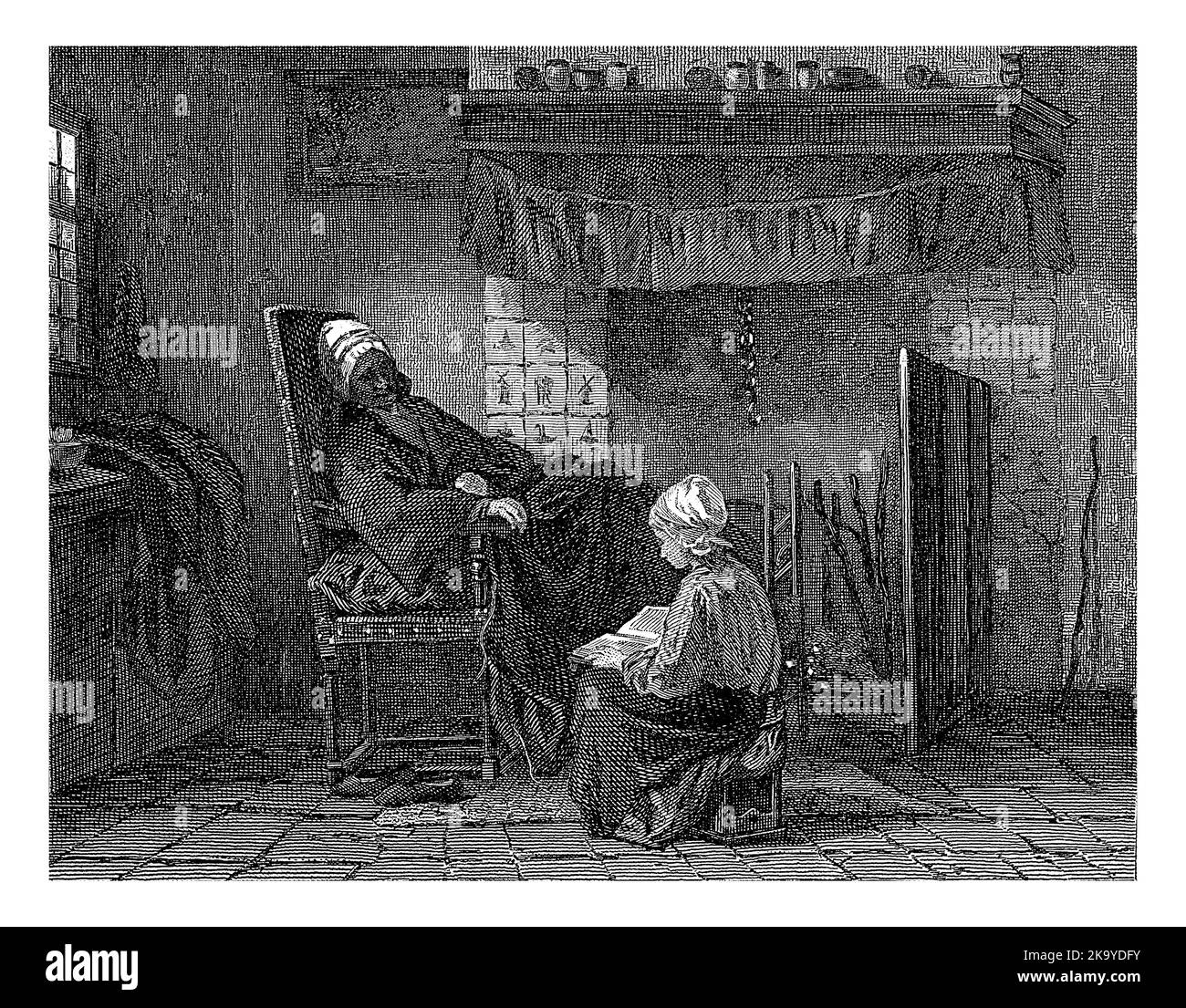 Vieille femme en face d'une cheminée, Johann Heinrich Maria Hubert Renfeld, d'après Jozef Israël, 1755 - 1877 dans une pièce, une vieille femme malade s'assoit dans un bras Banque D'Images