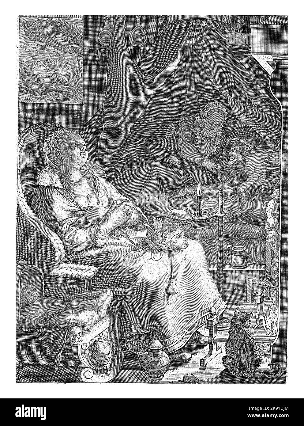 Personnes dormant dans une chambre. Au premier plan, une femme dort dans un fauteuil en osier. À côté d'elle un bébé endormi dans un berceau. Banque D'Images