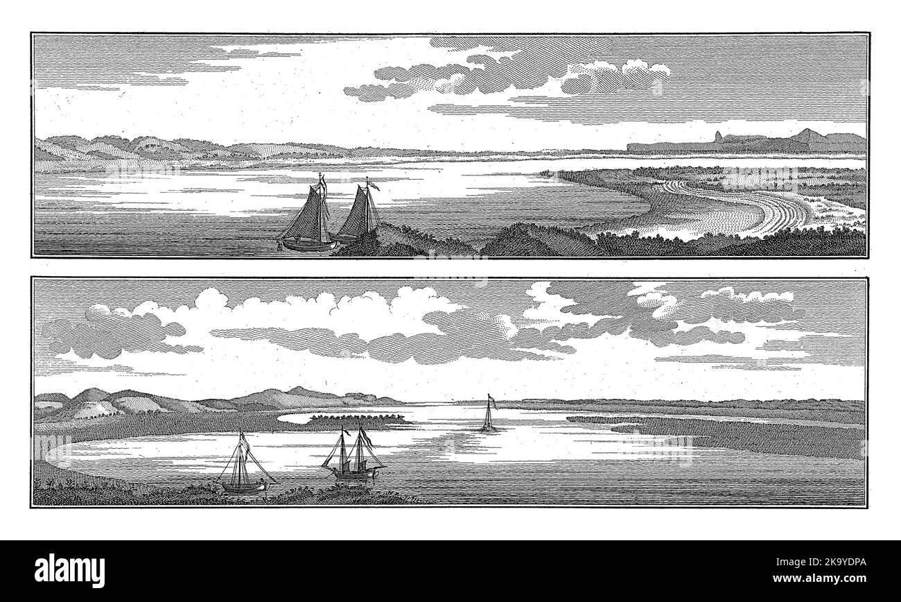 Deux vues depuis une vue panoramique sur la rivière S. Julians, avec quelques bateaux à voile. Banque D'Images