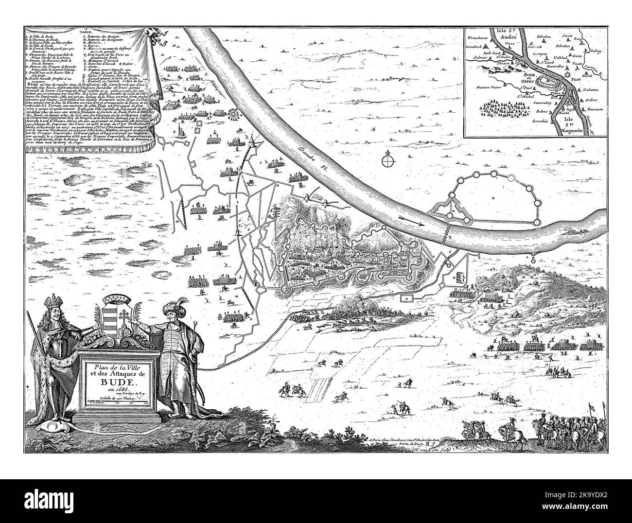 Carte des fortifications autour de la ville hongroise de Budapest (Buda) pendant le siège en 1686. Le château de Buda fut libéré en 1686 par les Habsb Banque D'Images