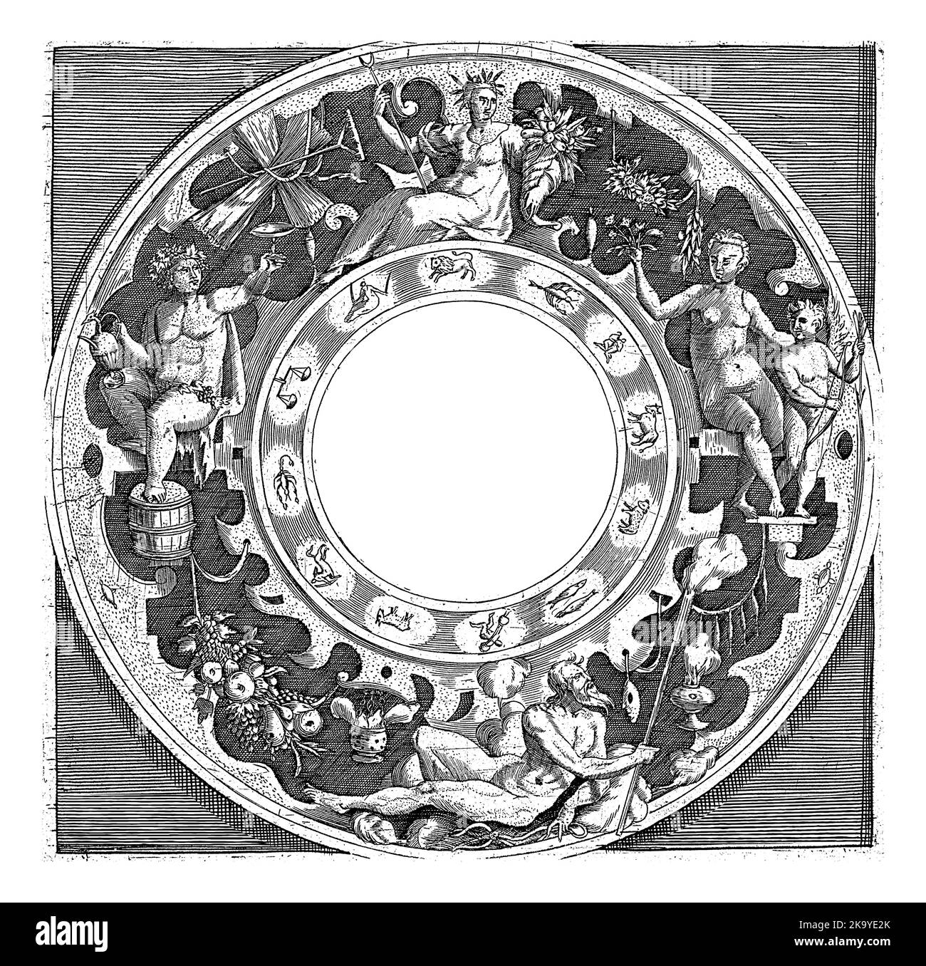 Médaillon avec le titre de la série en latin et un anneau avec les douze signes du zodiaque. L'imprimé est encadré de ceres, Bacchus, Boreas et venus WIT Banque D'Images