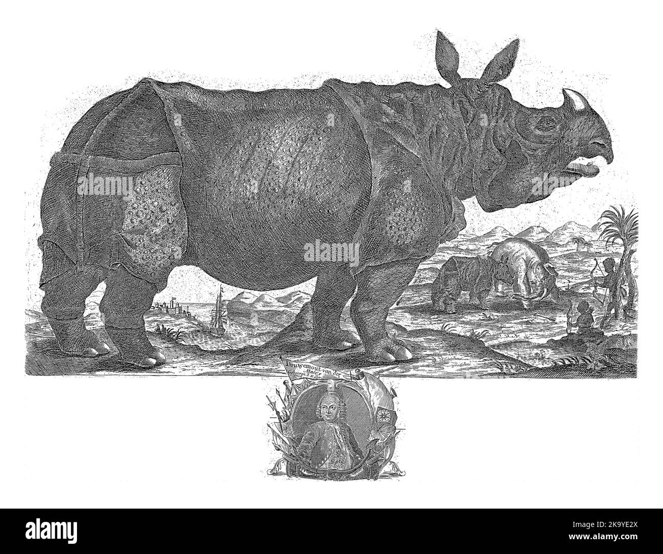 Les Rhinoceros Clara, 1741, H. Oster, après Anton August Beck, après Johann Friedrich Schmidt, 1747 les Rhinoceros Clara debout devant un Landsc Banque D'Images
