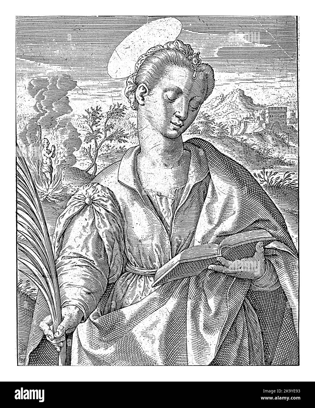 H. Anastasia de Sirmium, Antonie Wierix (II), 1565 - avant 1604 le martyr Anastasia de Sirmium, avec une branche de palmier et un livre ouvert entre ses mains. Banque D'Images