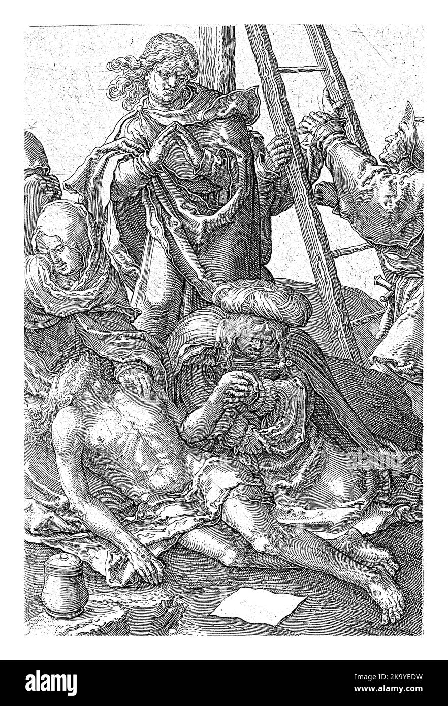 Descente de la Croix, Jan Harmensz. Muller, d'après Lucas van Leyden, 1613 - 1622 Christ est descendu de la croix et pleuré par Marie et Mary Magdale Banque D'Images