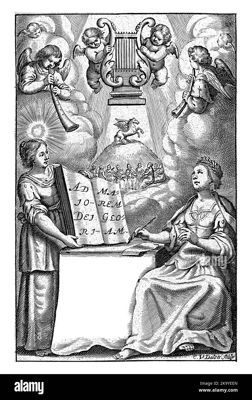 La femme écrit et s'inspire des muses tandis que les anges jouent des instruments de musique. Banque D'Images