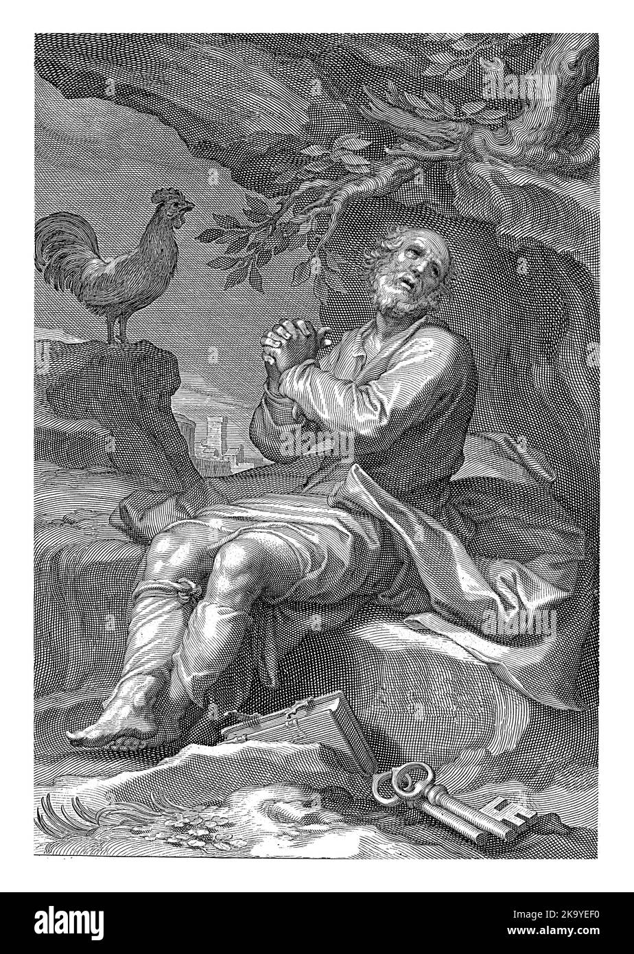 Peter est assis avec les mains pliées sur un rocher sous un arbre. Devant lui se trouvent deux clés et un livre, l'Evangile. Diagonalement derrière lui est un coq, qui re Banque D'Images