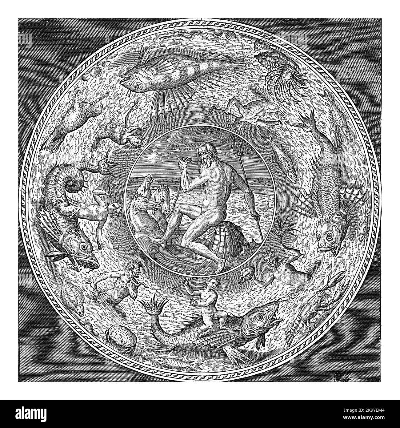 Soucoupe avec Neputunus, Adriaen Collaert, c. 1580 - 1600 Neptune à cheval de coquillages. Dans le bord sont des nereids soufflants de corne et des tritons avec des poissons Banque D'Images