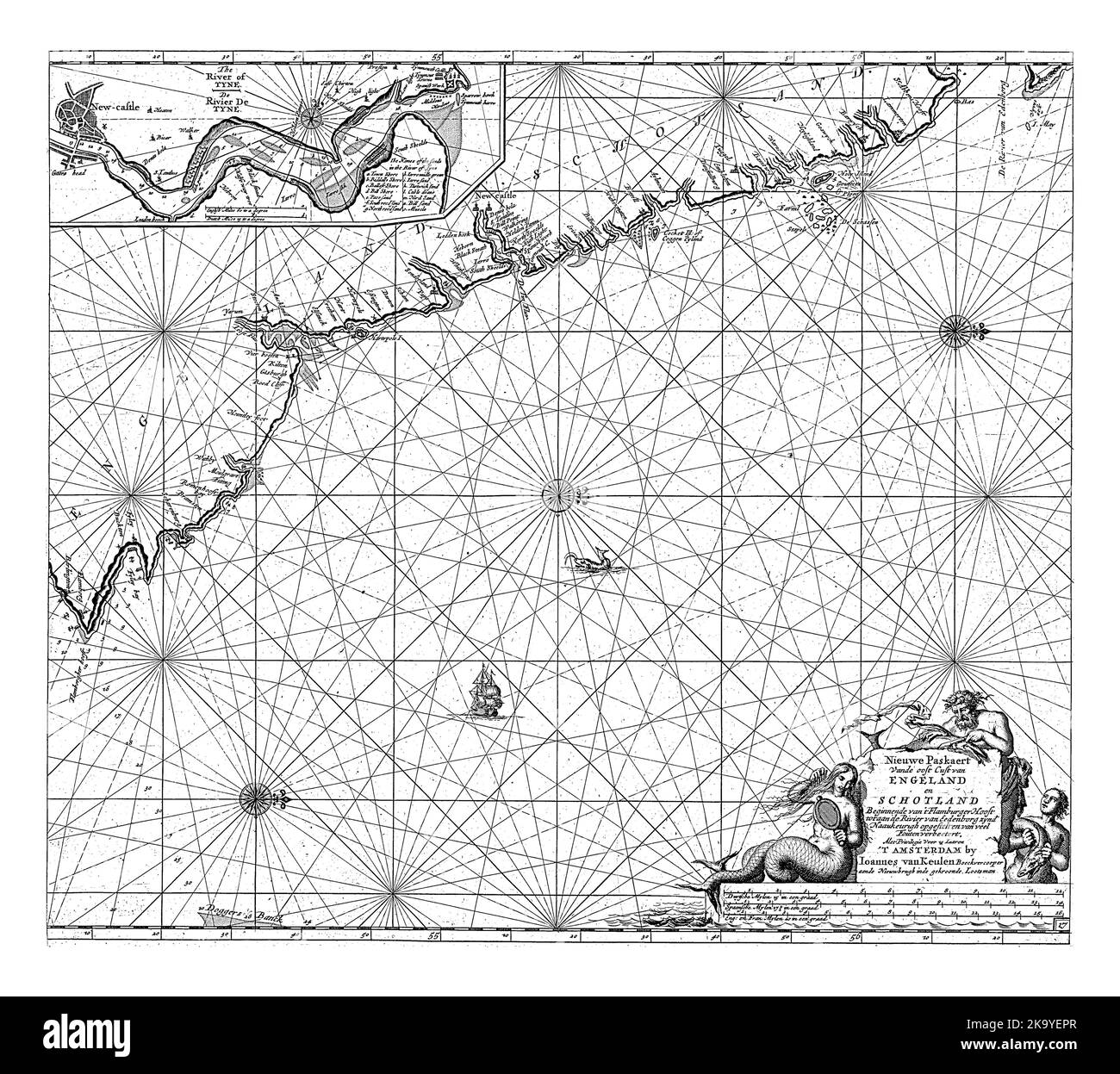 Carte passeport d'une partie de la côte nord-est de l'Angleterre et d'une partie de l'Écosse, avec carte intégrée de la rivière Tyne au nouveau château, et avec trois compas Banque D'Images