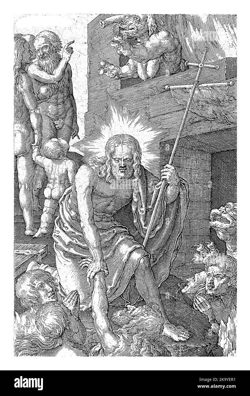 Entombment, Jan Harmensz. Muller, d'après Lucas van Leyden, 1613 - 1622 Joseph d'Arimatea et Nicodème soulèvent le corps du Christ dans le tombeau. Dans le b Banque D'Images
