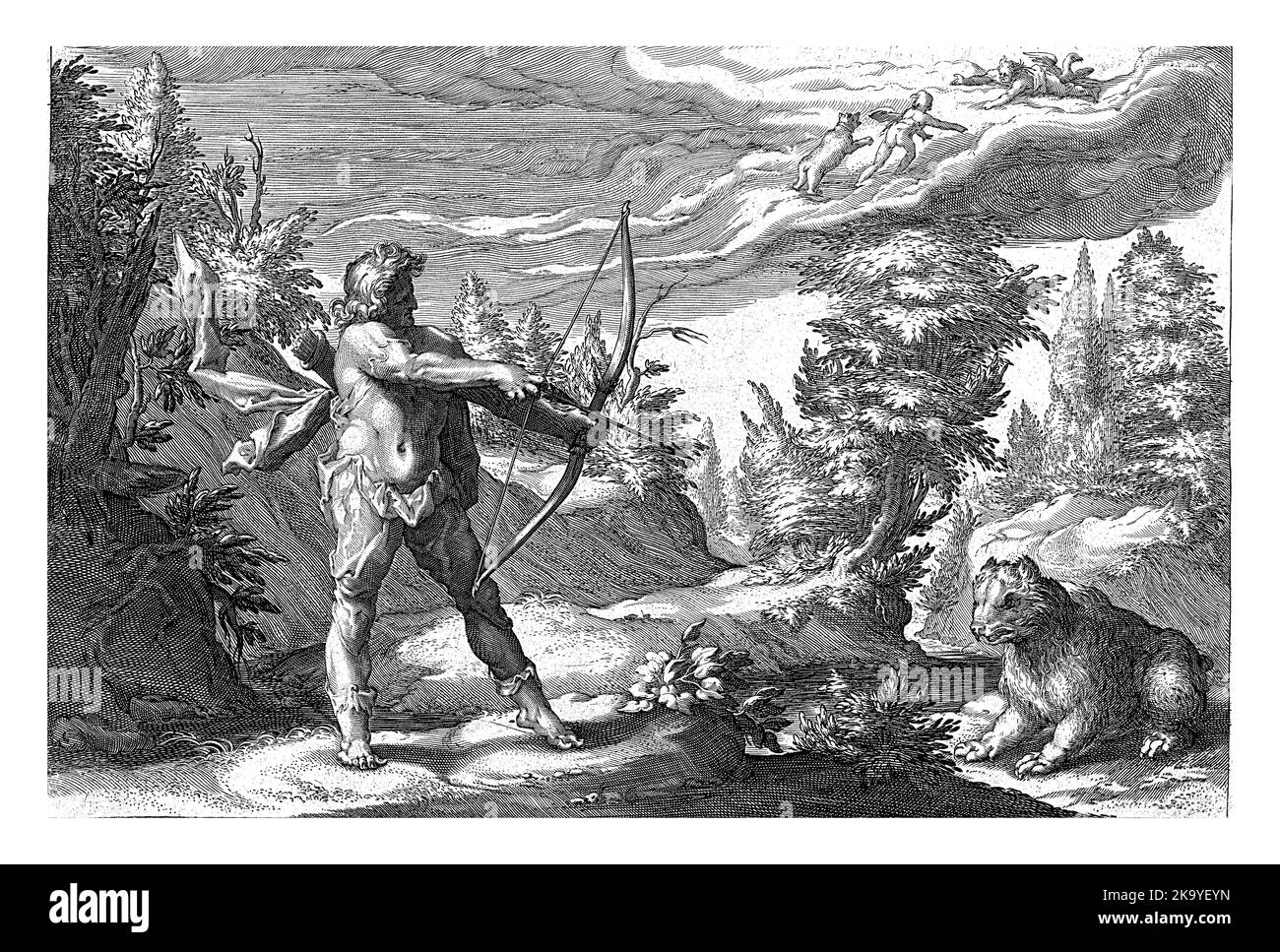 Arcas, fils de Jupiter et de Callisto, vise sa flèche à un ours, ignorant que c'est sa mère. Il avait changé de forme il y a quinze ans. Banque D'Images