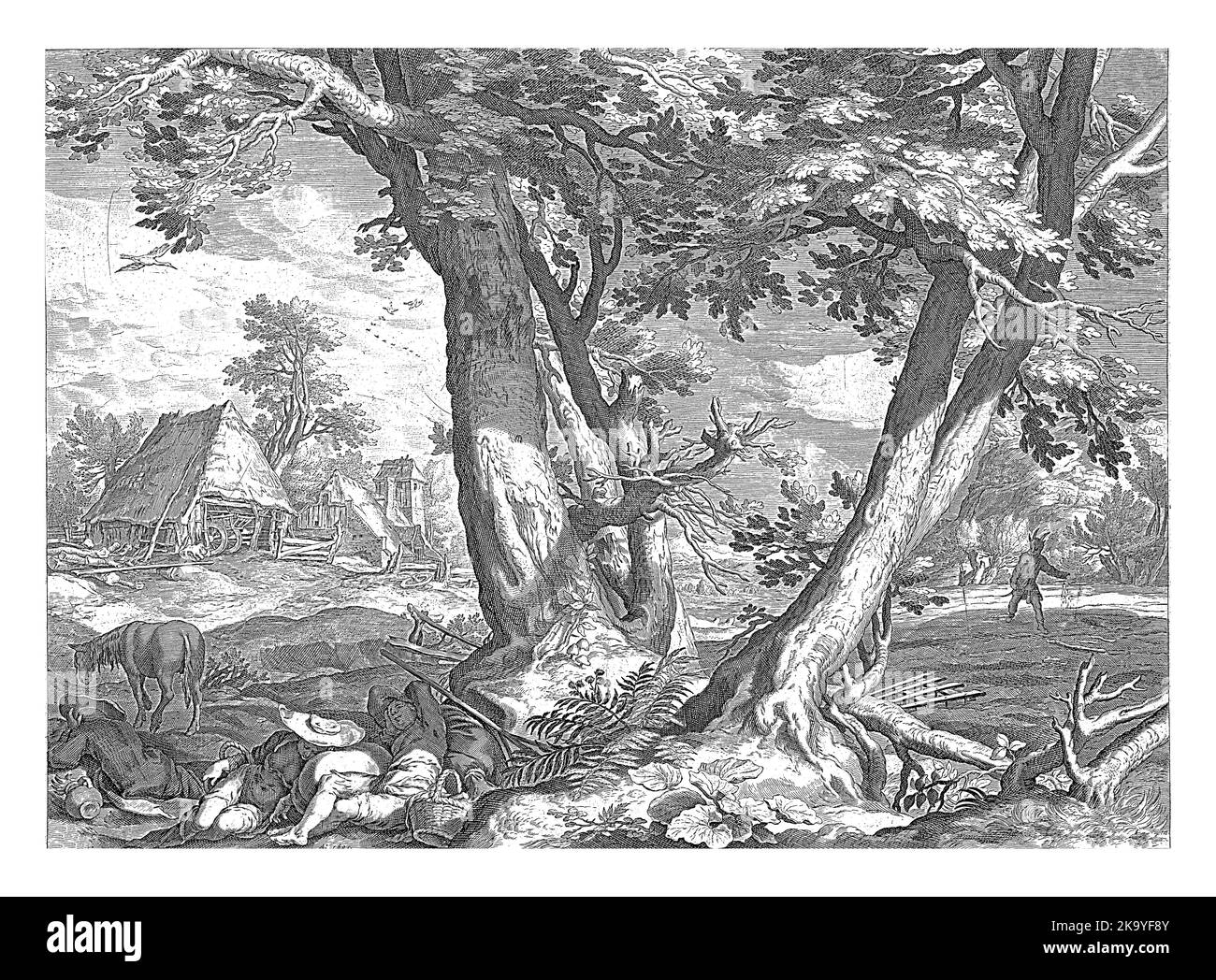 Paysage rempli d'arbres avec la parabole de la sower (Matt. 13). À droite, le diable sème les mauvaises herbes. Banque D'Images