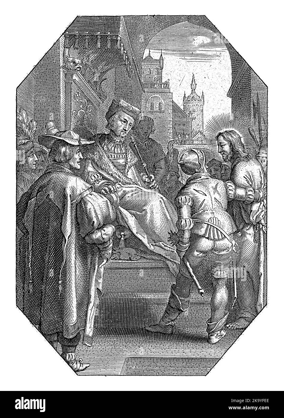 Christ devant le roi Hérode, Cornelis Galle (I), 1586 - 1650 Christ est amené devant le roi Hérode par deux soldats. Banque D'Images