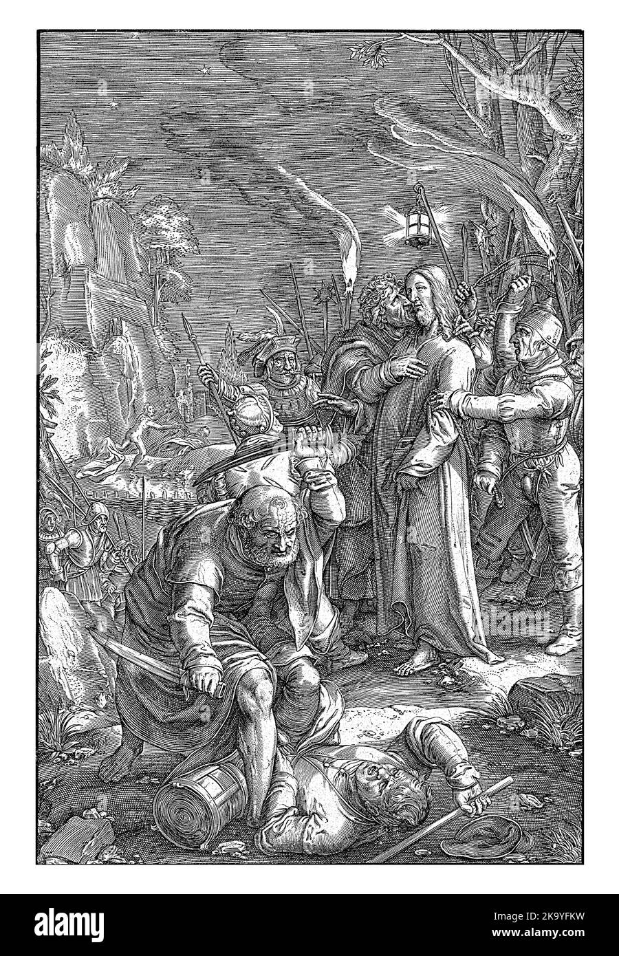 Le Christ est capturé par des soldats dans le jardin de Gethsemane. Judas l'embrasse sur la joue Banque D'Images