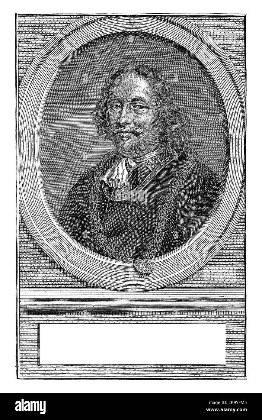 Buste à gauche de Jan Corneliszoon Meppel dans un ovale. Le portrait repose sur une plinthe sur laquelle son nom et ses informations sont en trois lignes en néerlandais. Banque D'Images