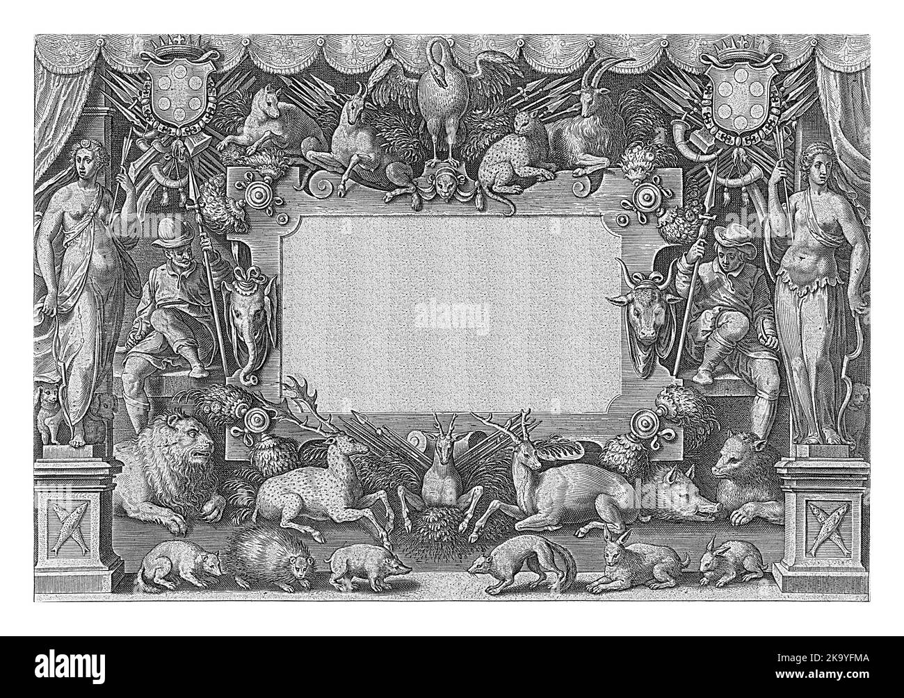 Page de titre d'une série de 43 tirages avec scènes de chasse. La cartouche avec le titre latin est entourée d'une large bordure d'animaux et d'un hun assis Banque D'Images