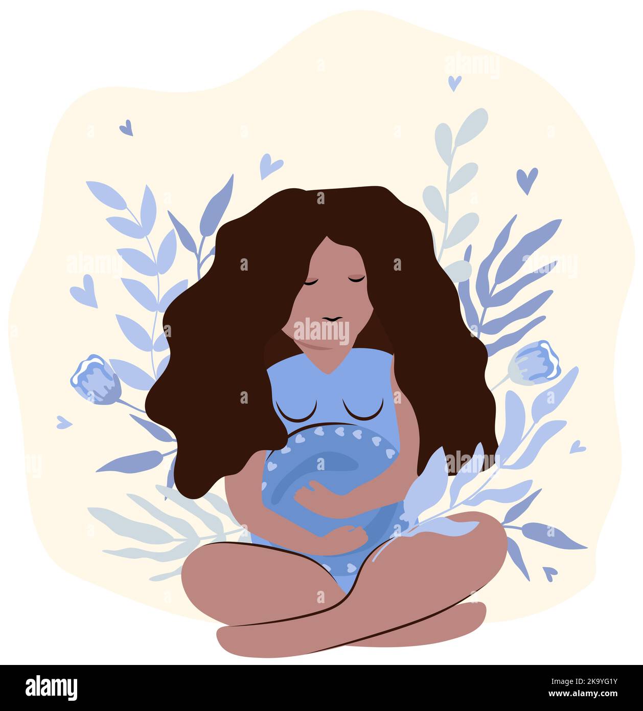 Une femme enceinte heureuse est assise et tient son ventre avec un fond de nature. Concept maternité, santé et grossesse. Illustration vectorielle plate. Illustration de Vecteur