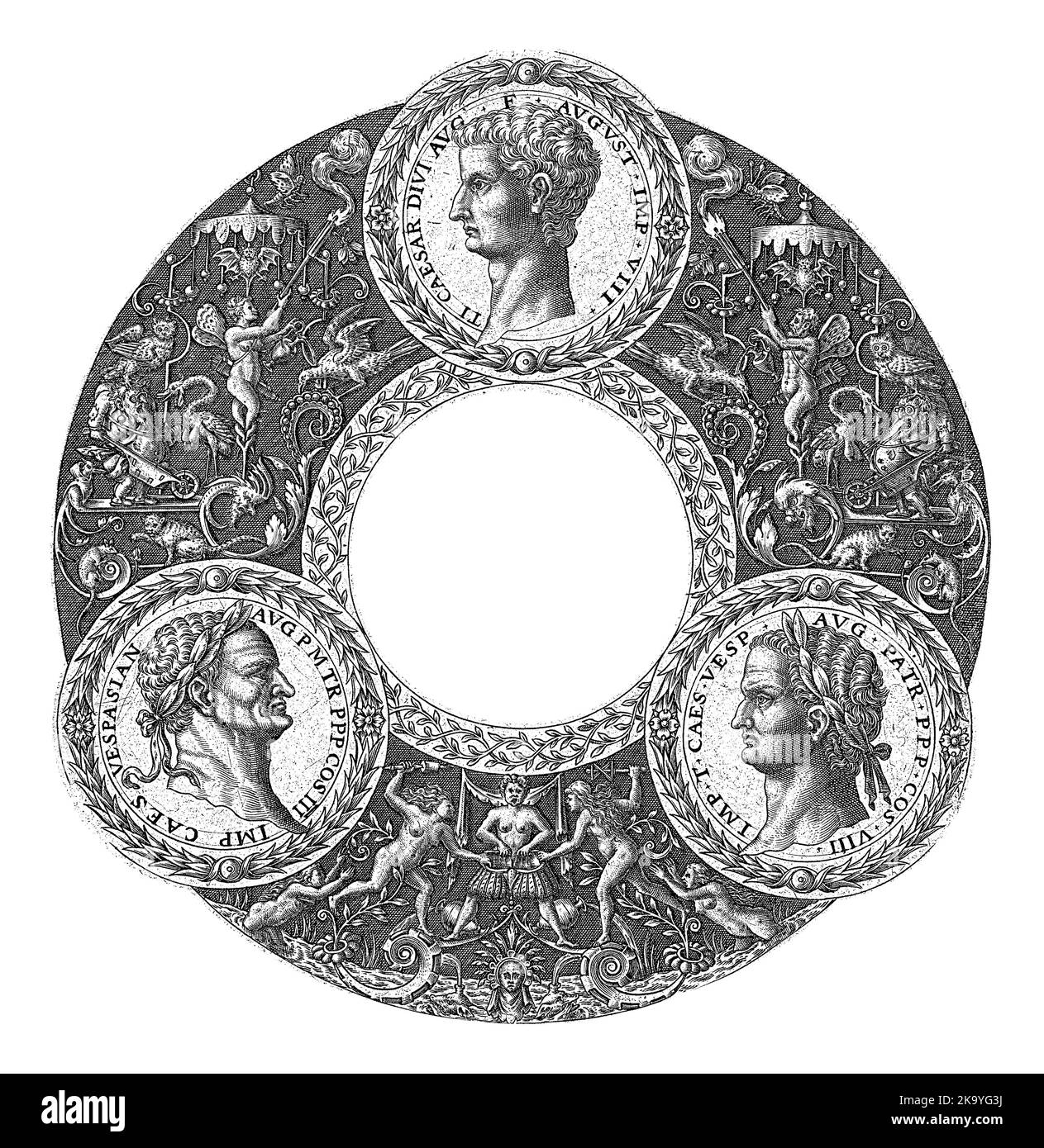 Médaillon avec texte latin dans une large bordure avec des grotesques sur un fond sombre. Dans cette frontière sont trois médaillons avec des images d'empereurs romains. SH Banque D'Images