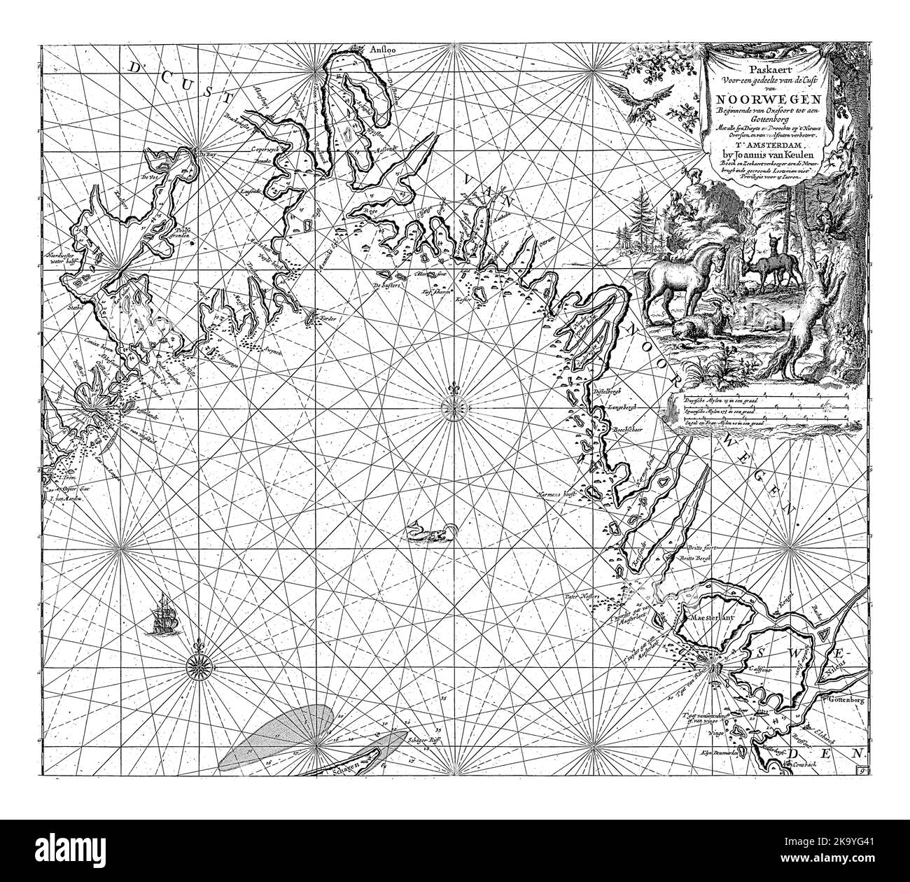 Carte passeport de la côte de Norvège, de Göteborg en Suède à Kamperhaug, avec deux roses à boussole, le nord est au sommet. En haut à droite une cartouche avec Banque D'Images