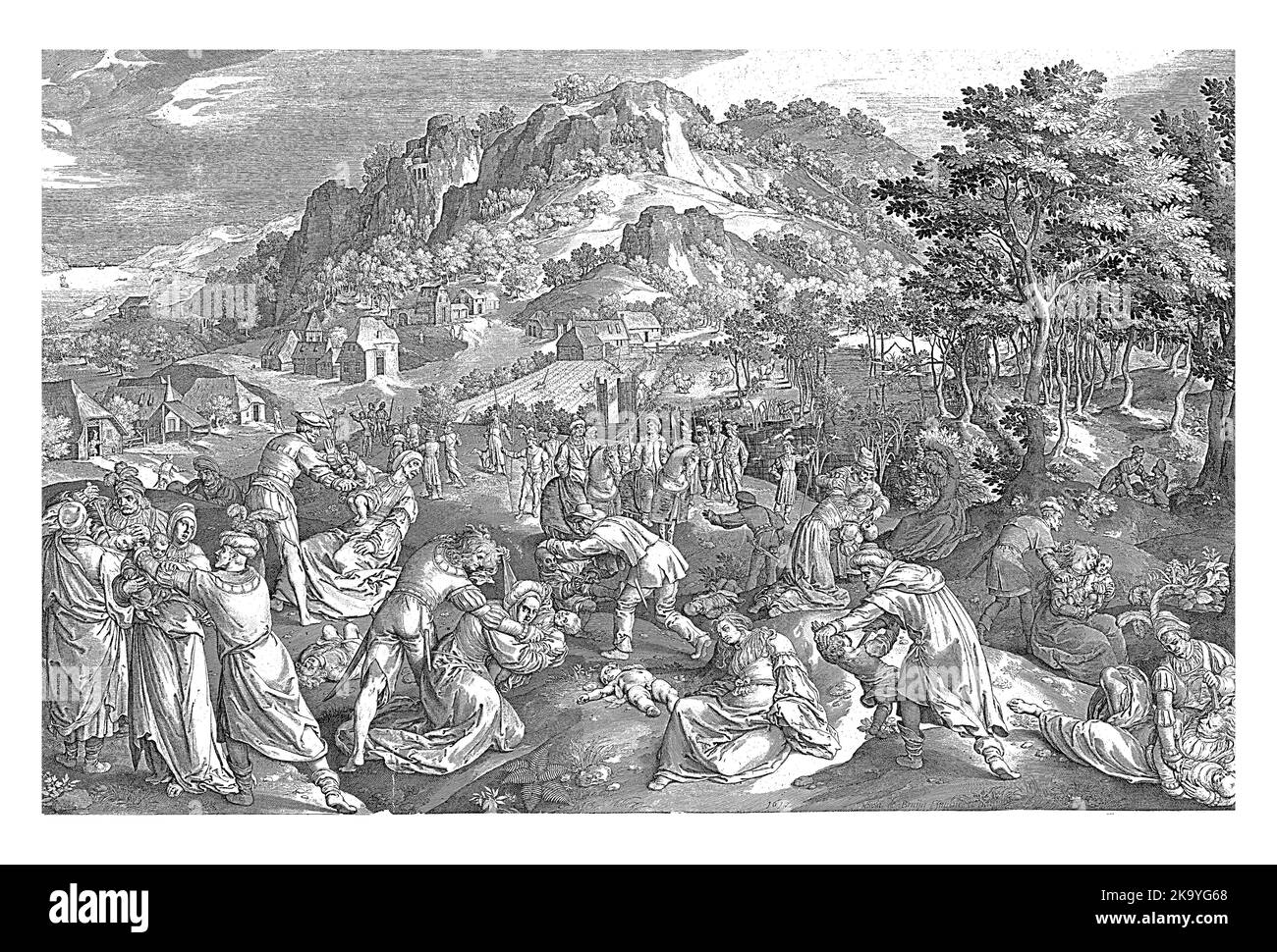 Les soldats de Hérode tuent tous les garçons âgés de deux ans et moins à Bethléem. Les mères essaient de protéger leurs enfants. Banque D'Images