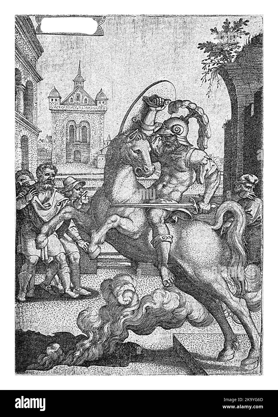 Marcus Curtius plonge dans un gouffre, Georg Pencz, 1535 Marcus Curtius se sacrifie pour fermer un grand gouffre sur la terre à Rome. Dans une armure complète et Banque D'Images