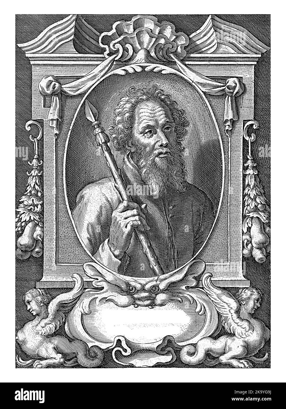 Apôtre Judas Taddeus avec lance encadrée d'ornements architecturaux, Jan-Baptist Barbé, après Theoddoor van Loon, 1588 - 1648 l'inscription designa Banque D'Images