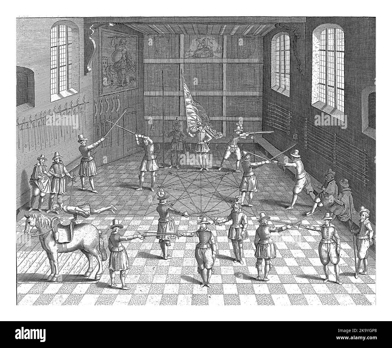 L'école d'escrime de l'Université de Leiden. Intérieur avec les étudiants qui font des exercices d'escrime. Sur la gauche un acrobat sur un cheval, des motifs géométriques Banque D'Images